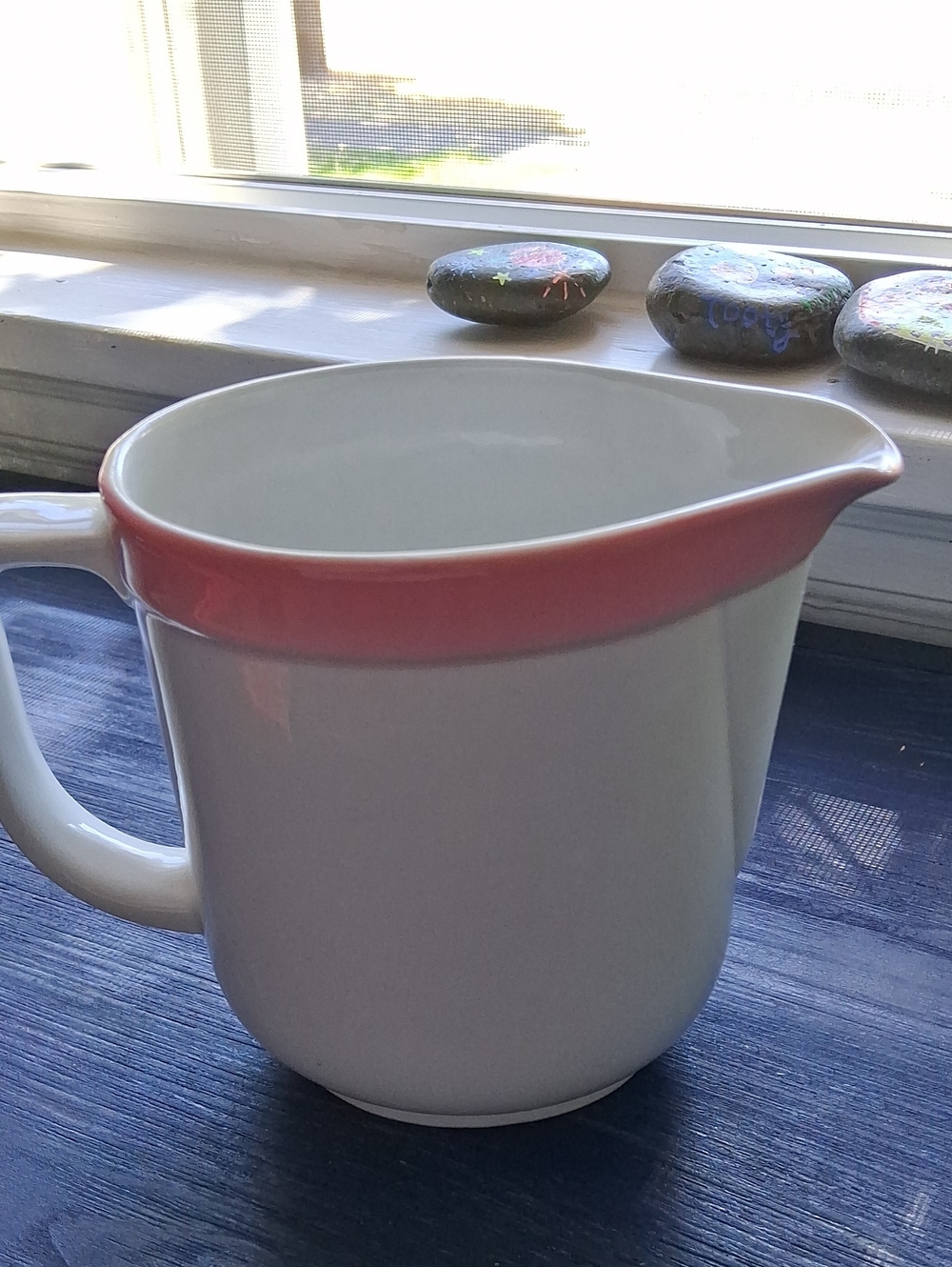 White Ceramic Pitcher with Pink Rim
